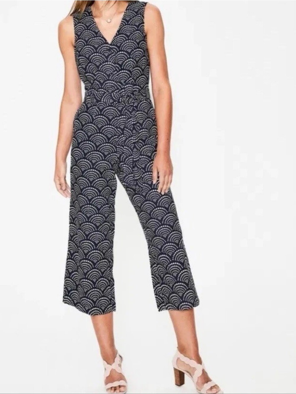 Boden Sleeveless Jumpsuit Linen Cotton Cropped Wide Leg Navy Blue & White 4